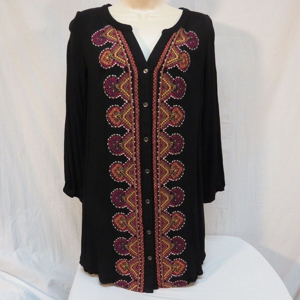 Skies Are Blue Embroidered Bohemian Dress Tunic Boho Chic Black Size S